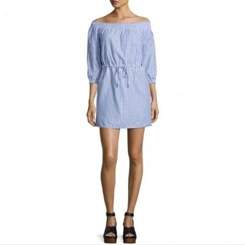 Rag & Bone XS Blue White Striped Off the Shoulder Dress Pockets Nautical Coastal